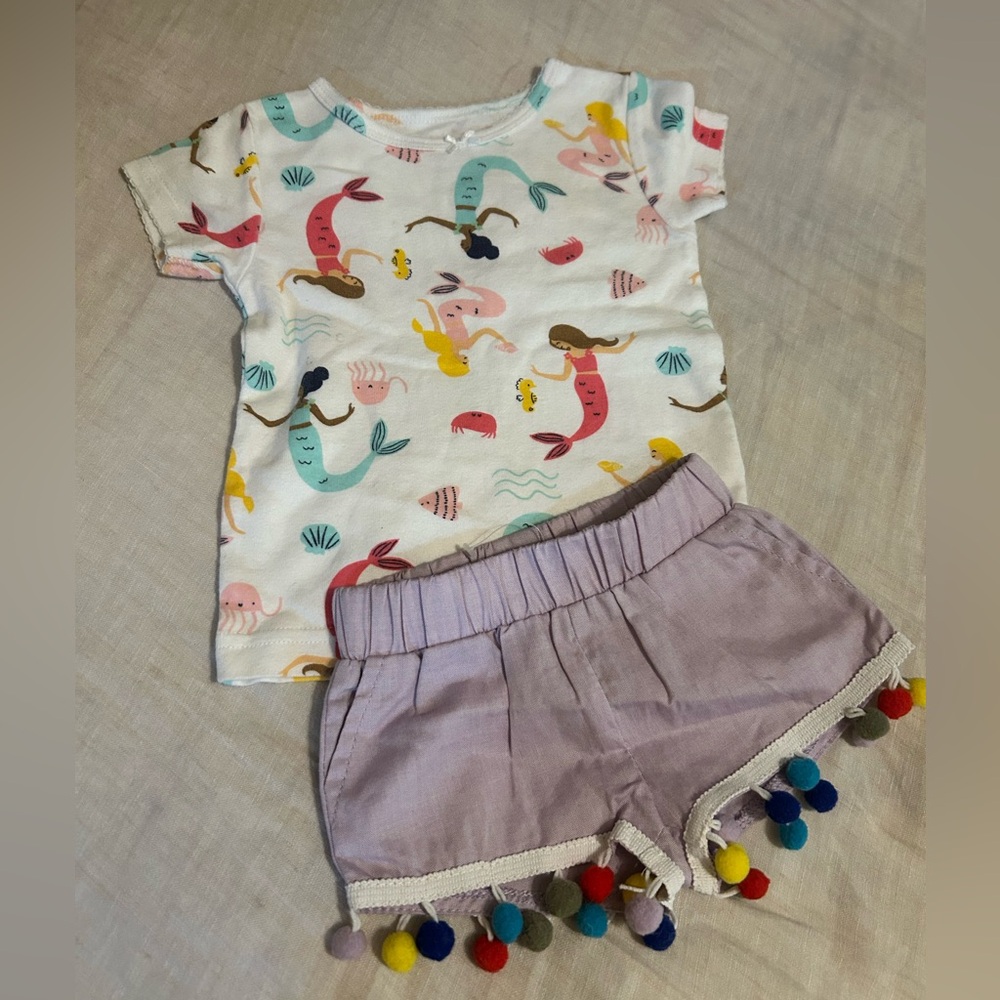Mermaid Print Tee and Pom Pom Shorts Set